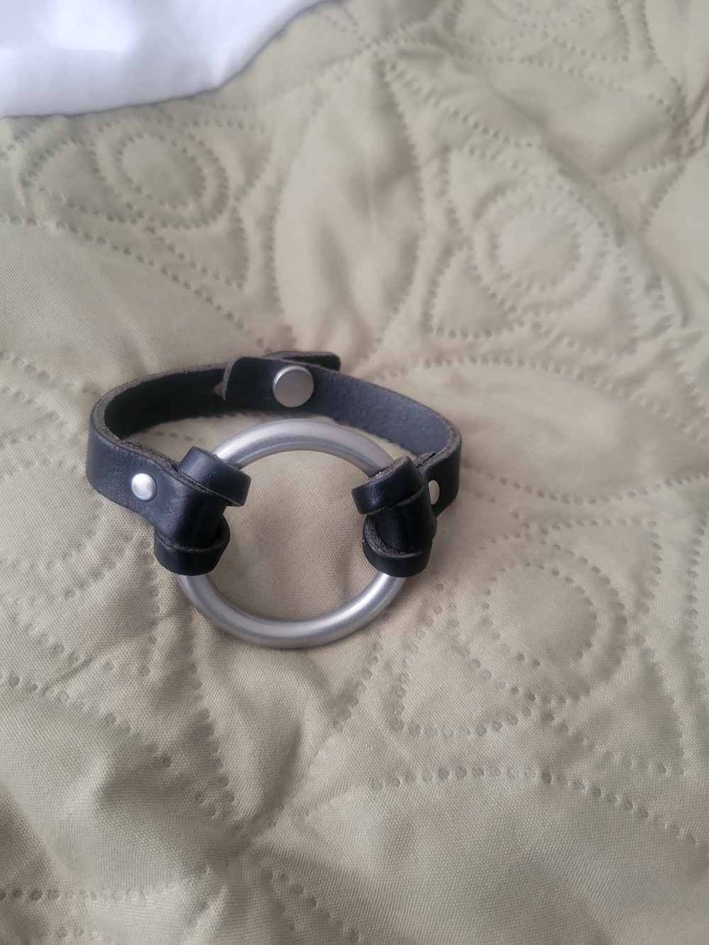 Black Leather Bracelet With Brushed Silver Ring